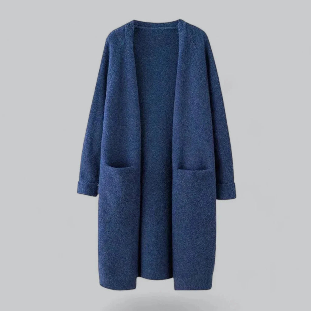 Blue Women's Oversized Cashmere Cardigan with Open-Front Design & Patch Pockets