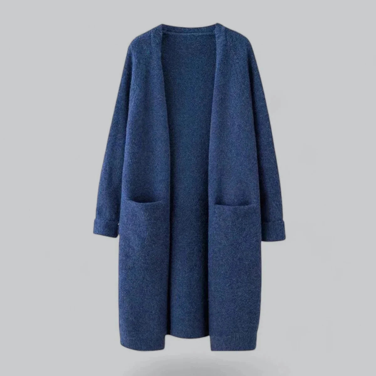 Blue Women's Oversized Cashmere Cardigan with Open-Front Design & Patch Pockets