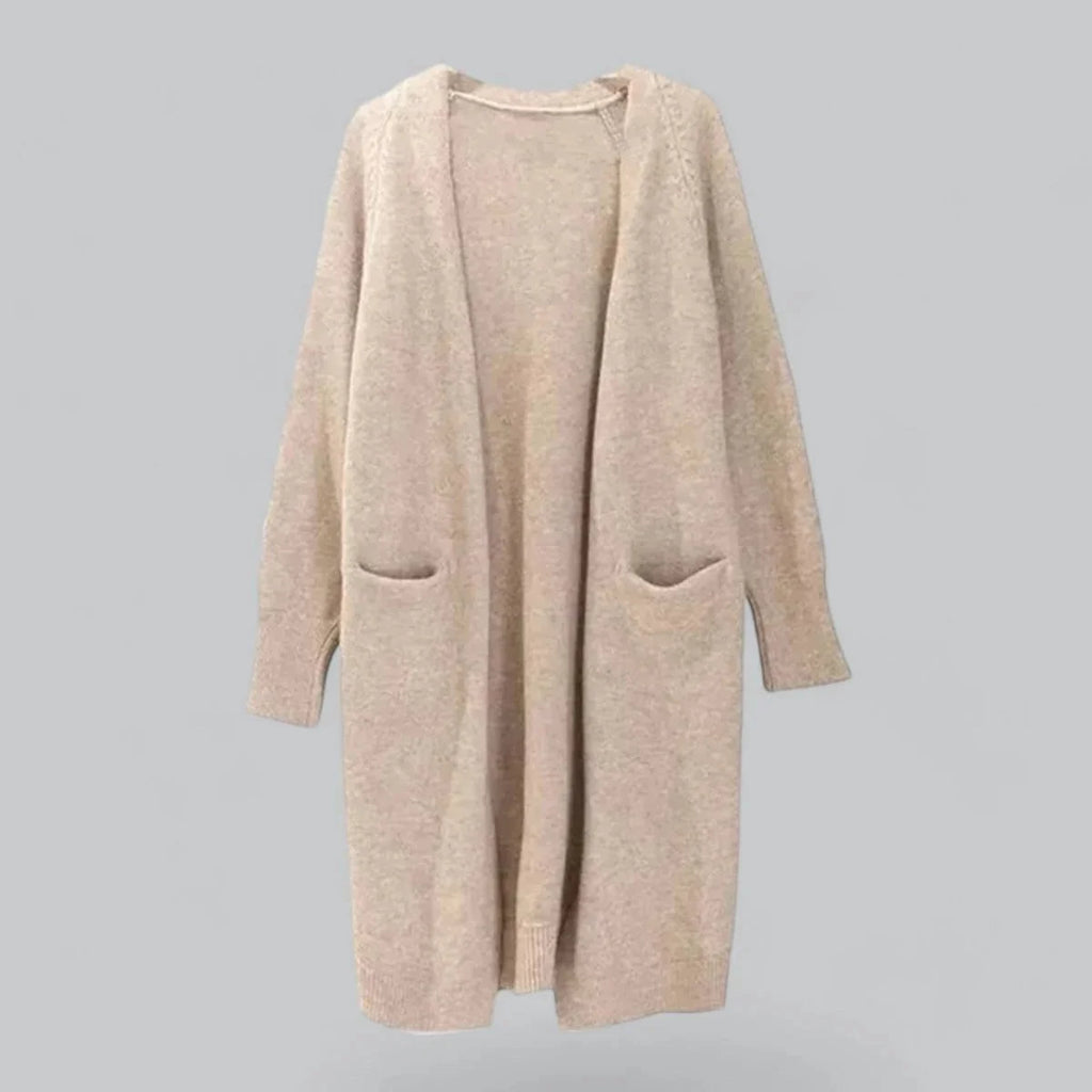 Khaki Women's Oversized Cashmere Cardigan with Open-Front Design & Patch Pockets