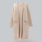 Khaki Women's Oversized Cashmere Cardigan with Open-Front Design & Patch Pockets