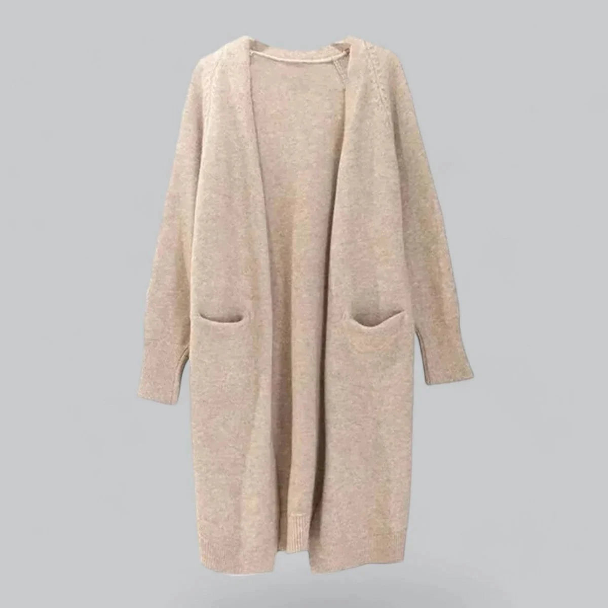 Khaki Women's Oversized Cashmere Cardigan with Open-Front Design & Patch Pockets