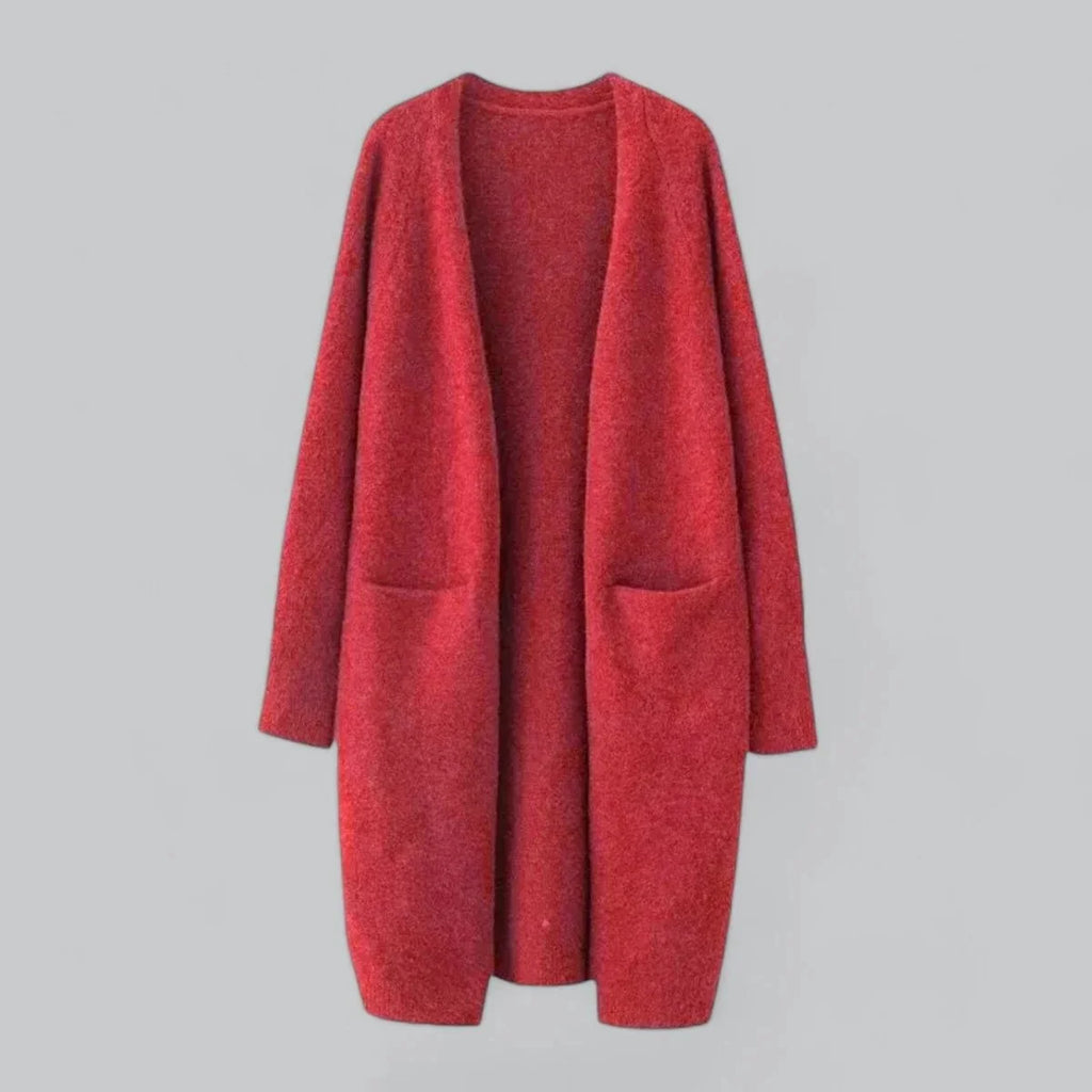 Red Women's Oversized Cashmere Cardigan with Open-Front Design & Patch Pockets