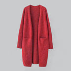 Red Women's Oversized Cashmere Cardigan with Open-Front Design & Patch Pockets