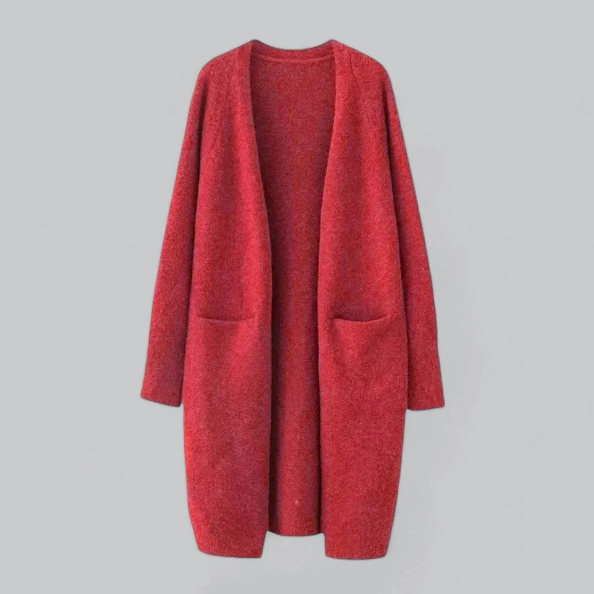 Red Women's Oversized Cashmere Cardigan with Open-Front Design & Patch Pockets