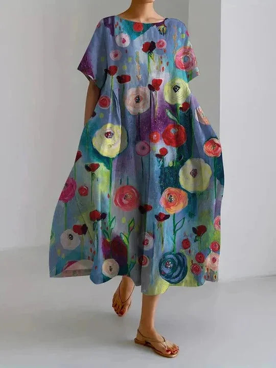 Multicolor Women's Loose-Fit Printed Dress with Round Neckline & Short Sleeves - Front Full Pose