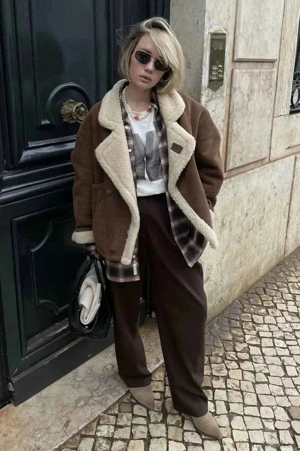 Khaki Men's Sherpa Coat with Oversized Fit, Notched Collar & Patch Pockets - Front Full Outfit