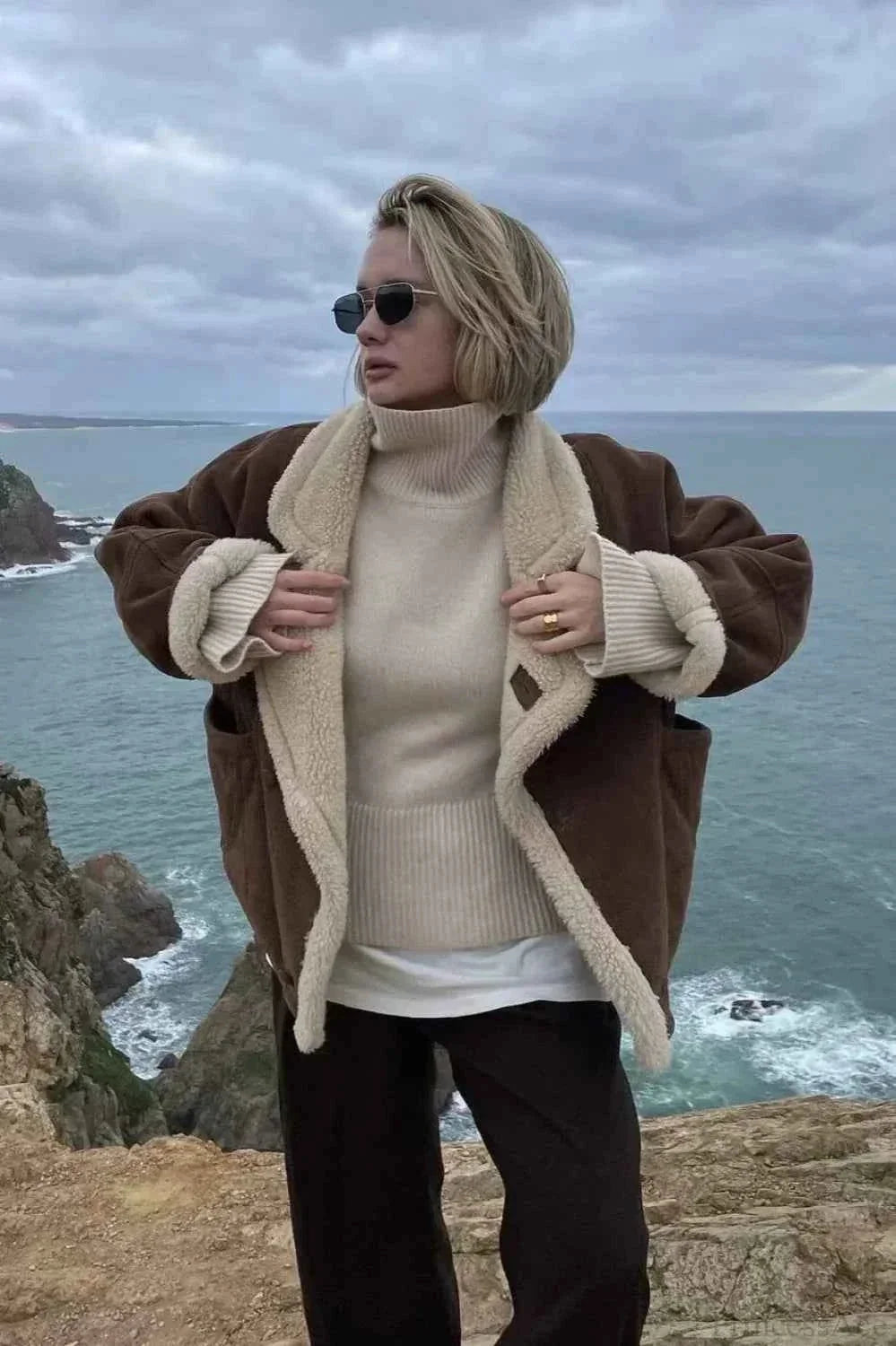 Khaki Men's Sherpa Coat with Oversized Fit, Notched Collar & Patch Pockets - Outdoor Standing Pose