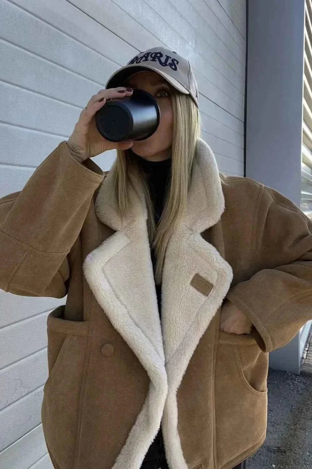 Khaki Men's Sherpa Coat with Oversized Fit, Notched Collar & Patch Pockets