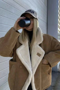 Khaki Men's Sherpa Coat with Oversized Fit, Notched Collar & Patch Pockets