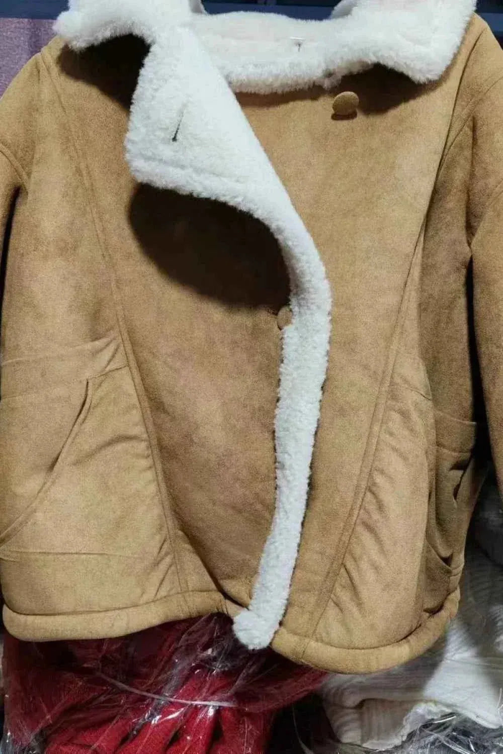 Khaki Men's Sherpa Coat with Oversized Fit, Notched Collar & Patch Pockets - Flat Lay Detail