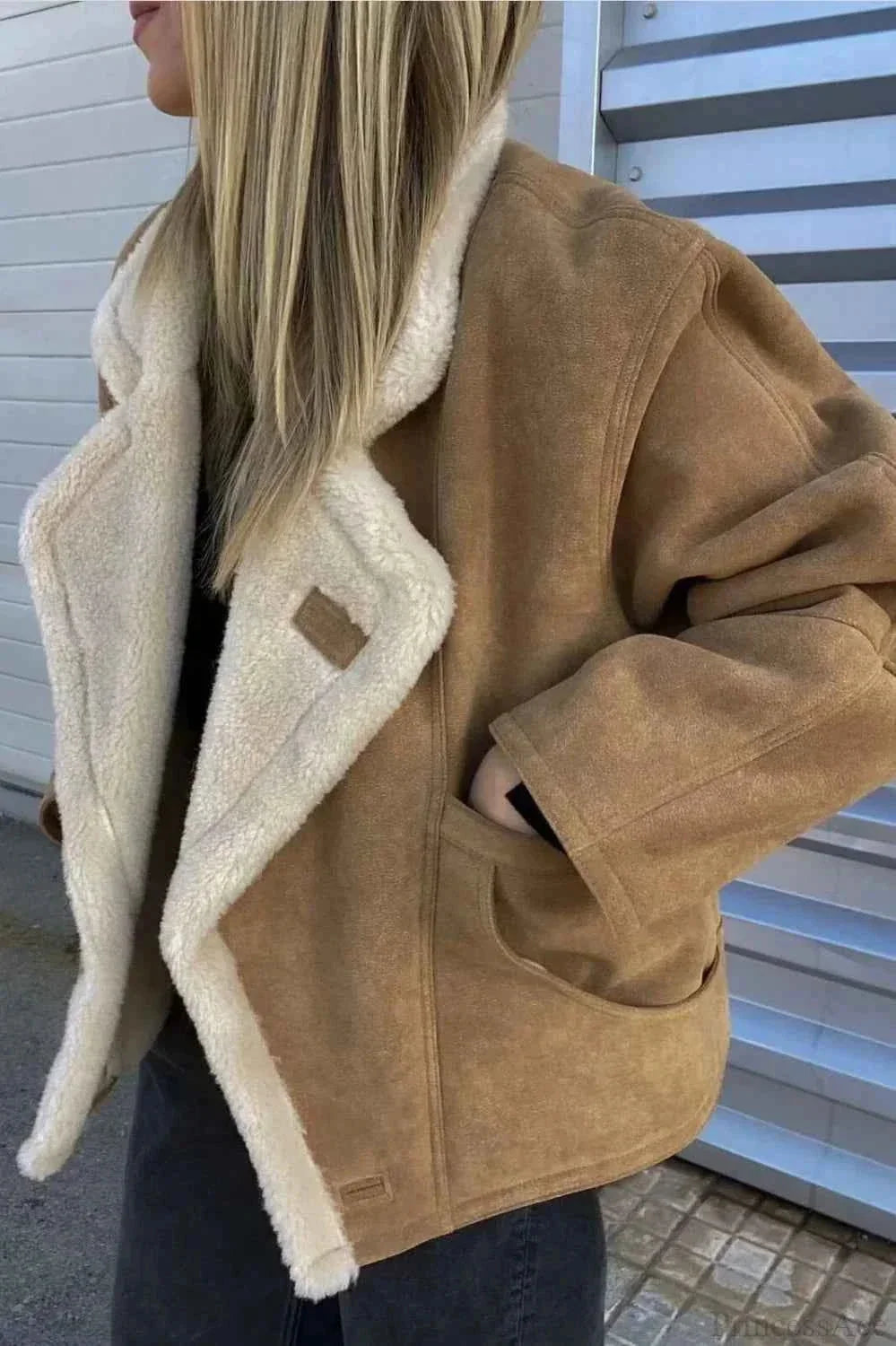 Khaki Men's Sherpa Coat with Oversized Fit, Notched Collar & Patch Pockets - Side Detail