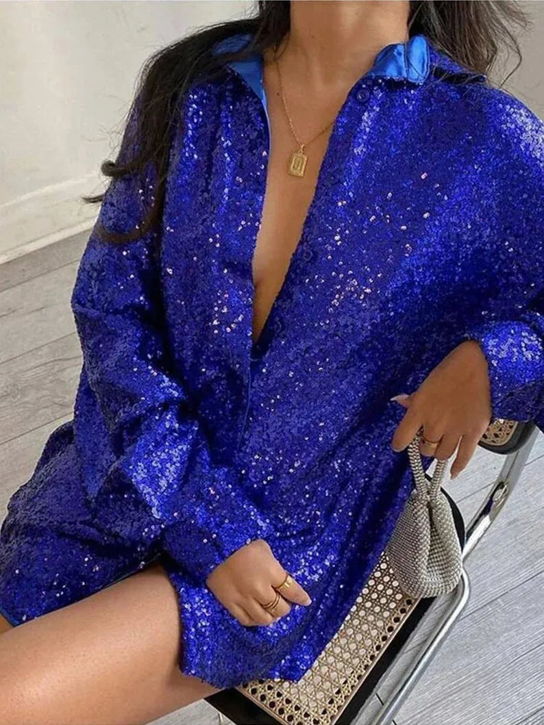 Women's Oversized Blouse with Shimmer Finish & Button-Front Design - Close Up Seated Detail