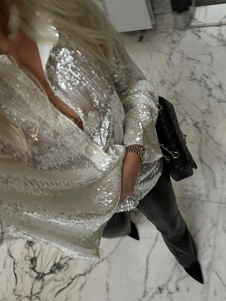 Women's Oversized Blouse with Shimmer Finish & Button-Front Design - Close Up Shimmer Detail