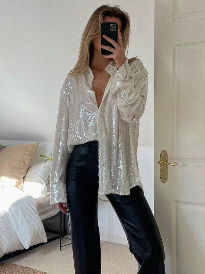 White Women's Oversized Blouse with Shimmer Finish & Button-Front Design