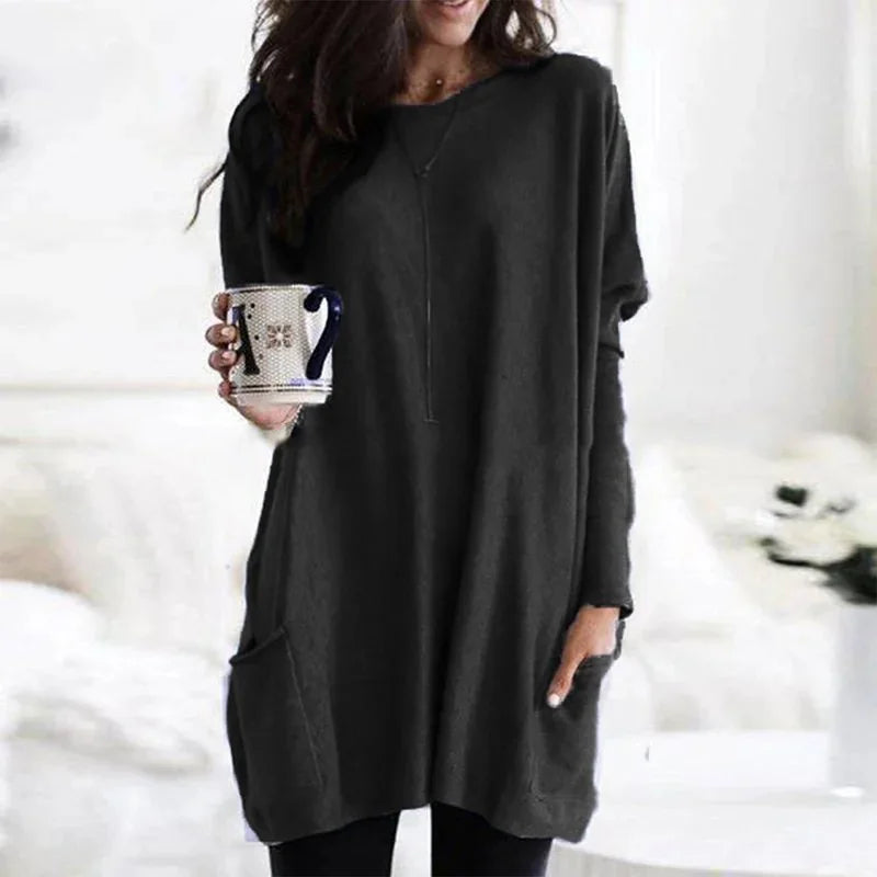 Black Women's Oversized Tunic Top with Long Sleeves & Patch Pockets