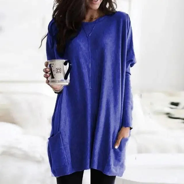 Blue Women's Oversized Tunic Top with Long Sleeves & Patch Pockets - Front Standing