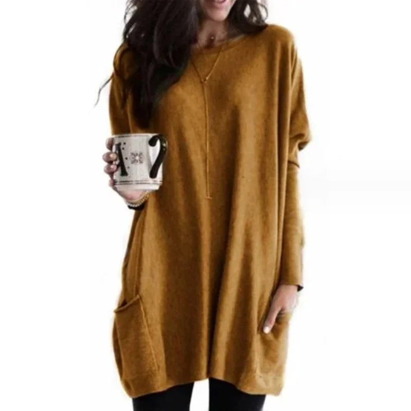 Brown Women's Oversized Tunic Top with Long Sleeves & Patch Pockets