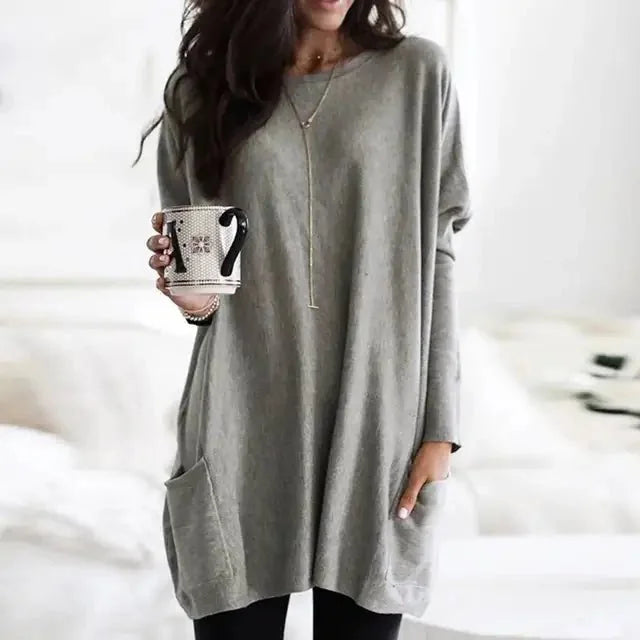 Grey Women's Oversized Tunic Top with Long Sleeves & Patch Pockets - Front Detail