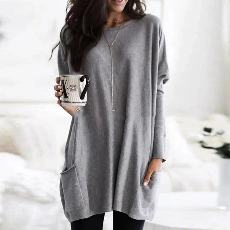 Women's Oversized Tunic Top with Long Sleeves & Patch Pockets