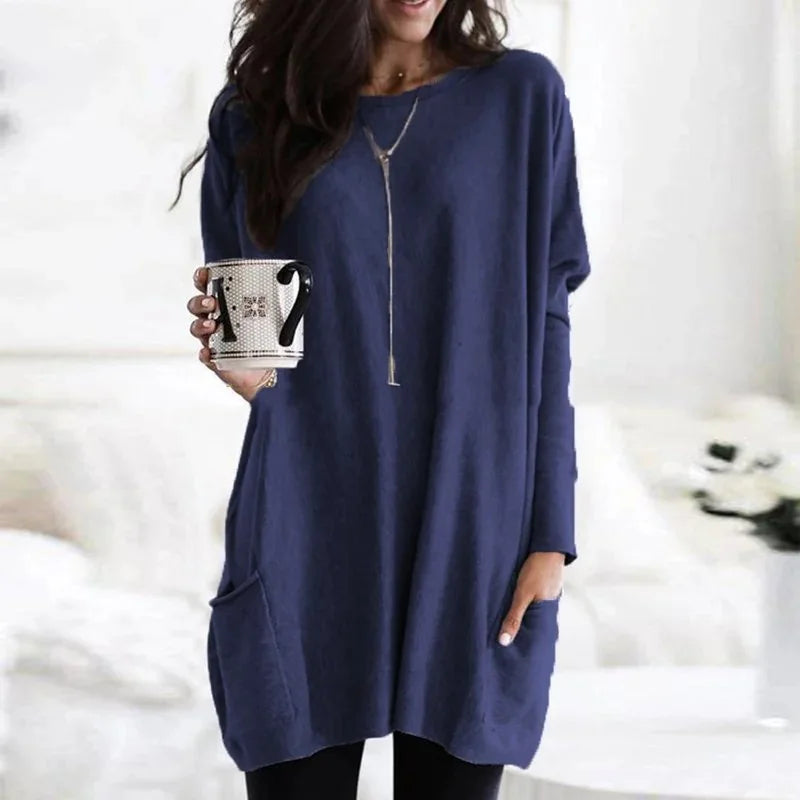 Women's Oversized Tunic Top with Long Sleeves & Patch Pockets - Front Pocket Detail
