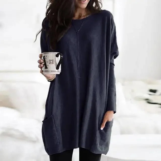 Navy Blue Women's Oversized Tunic Top with Long Sleeves & Patch Pockets - Front Studio