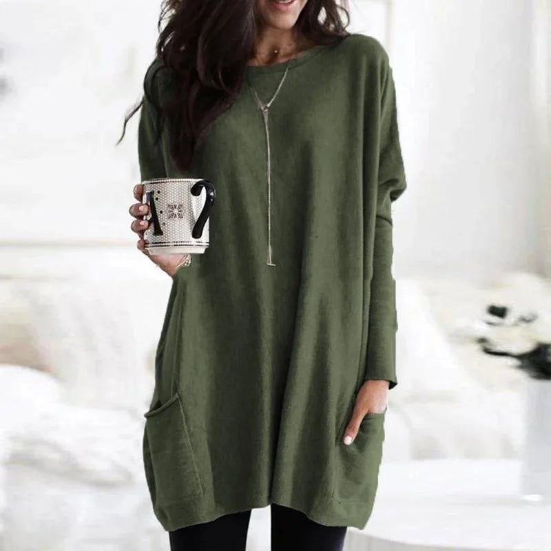 Olive Green Women's Oversized Tunic Top with Long Sleeves & Patch Pockets - Front Casual