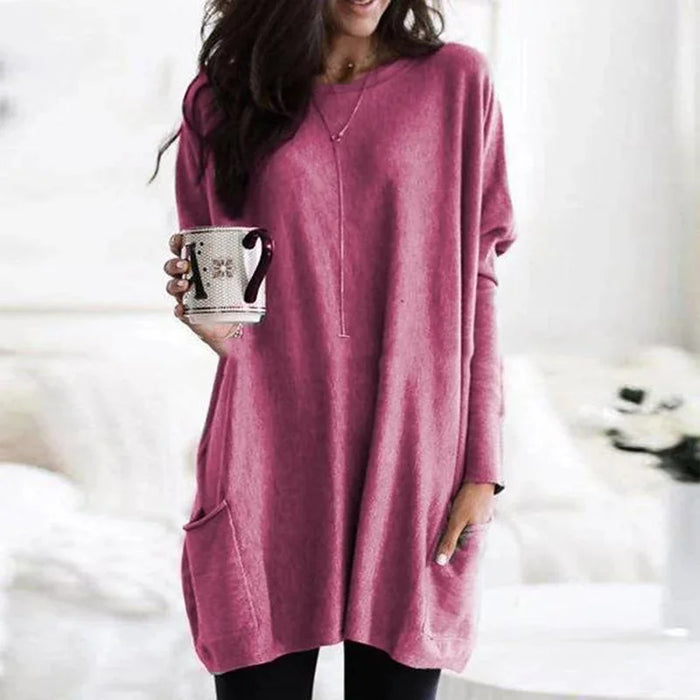 Pink Women's Oversized Tunic Top with Long Sleeves & Patch Pockets