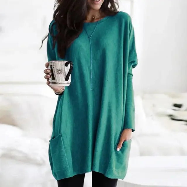 Turquoise Women's Oversized Tunic Top with Long Sleeves & Patch Pockets - Front Smile
