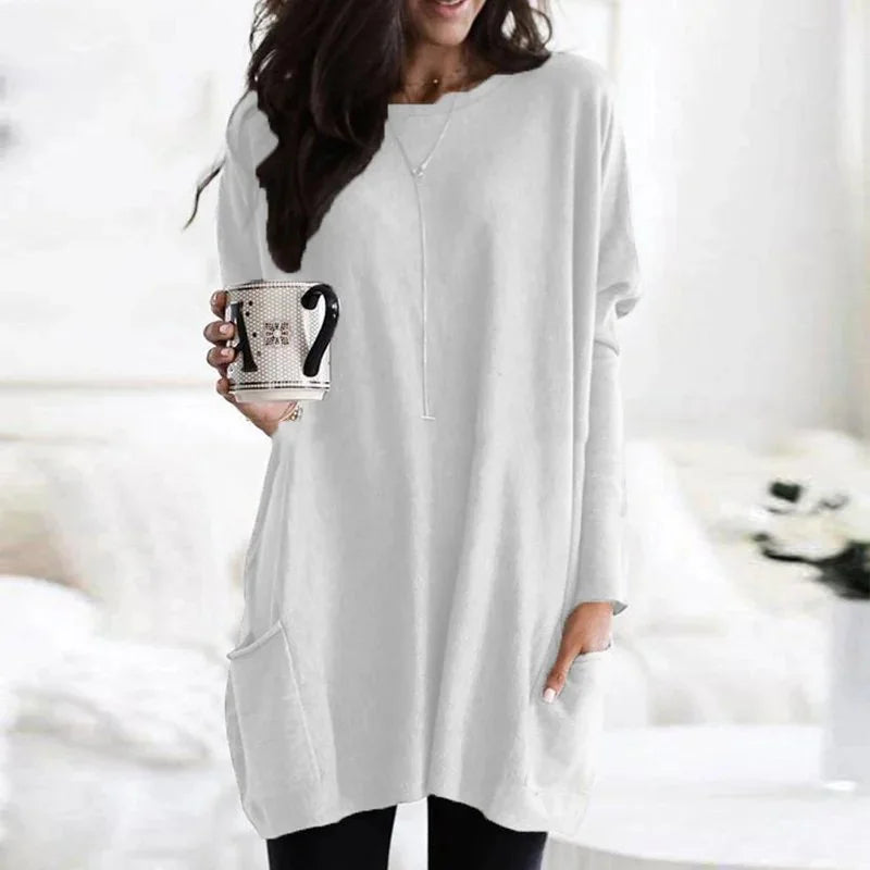 White Women's Oversized Tunic Top with Long Sleeves & Patch Pockets - Studio