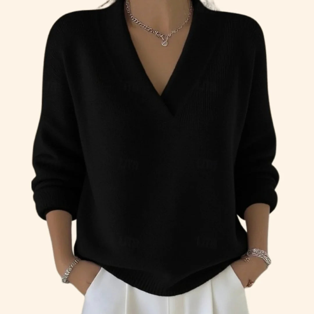 Black Women's Oversized Sweater with V-Neck & Ribbed Knit Trim — Elle