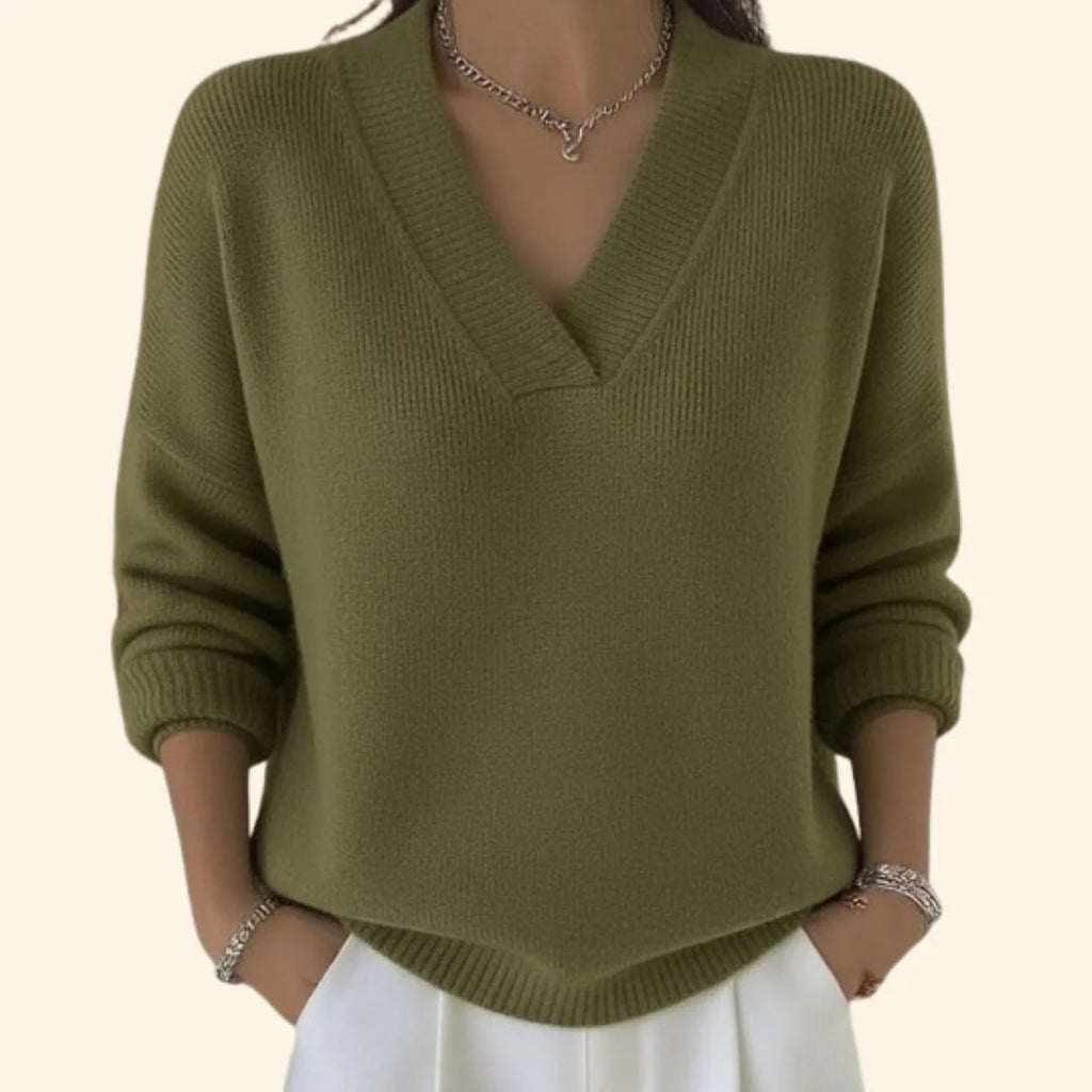 Green Women's Oversized Sweater with V-Neck & Ribbed Knit Trim — Elle