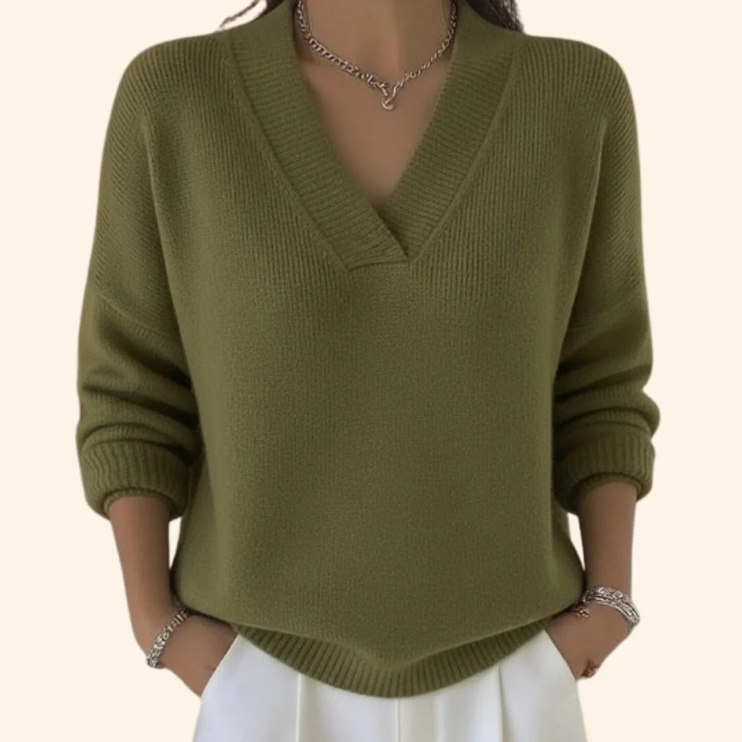 Green Women's Oversized Sweater with V-Neck & Ribbed Knit Trim — Elle