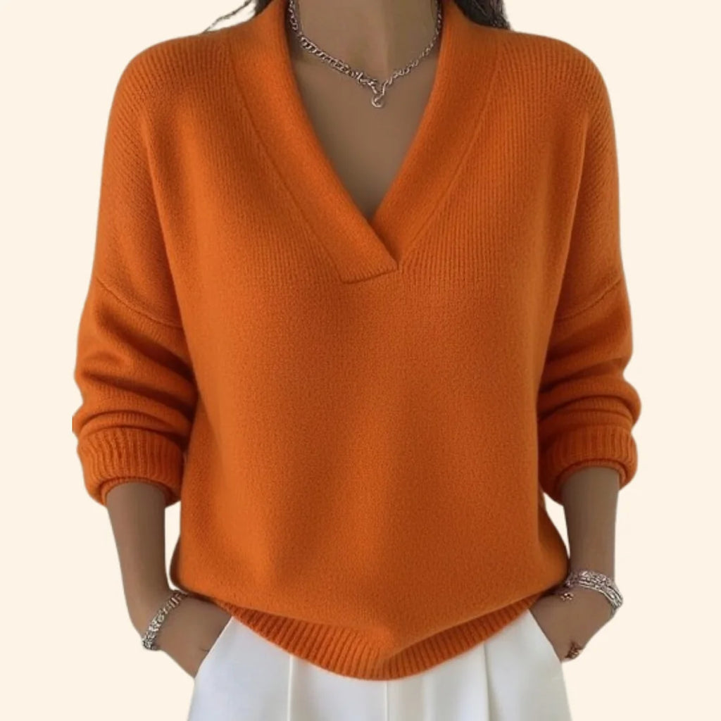Orange Women's Oversized Sweater with V-Neck & Ribbed Knit Trim — Elle