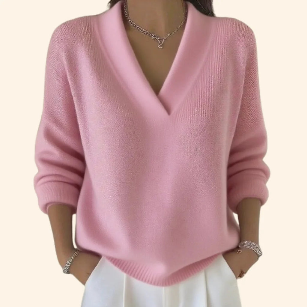 Pink Women's Oversized Sweater with V-Neck & Ribbed Knit Trim
