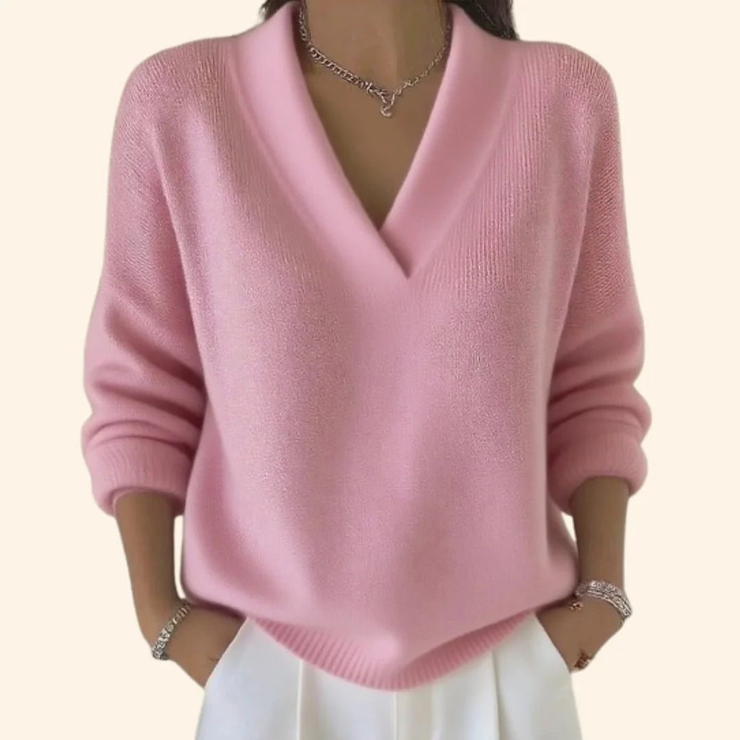 Pink Women's Oversized Sweater with V-Neck & Ribbed Knit Trim