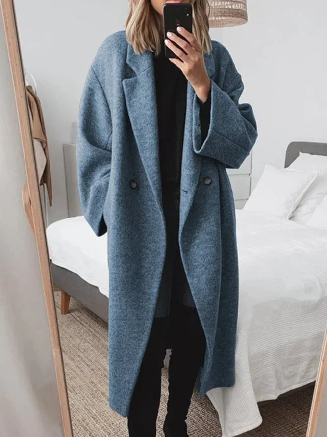 Blue Women's Oversized Wool Coat with Notched Collar & Patch Pockets