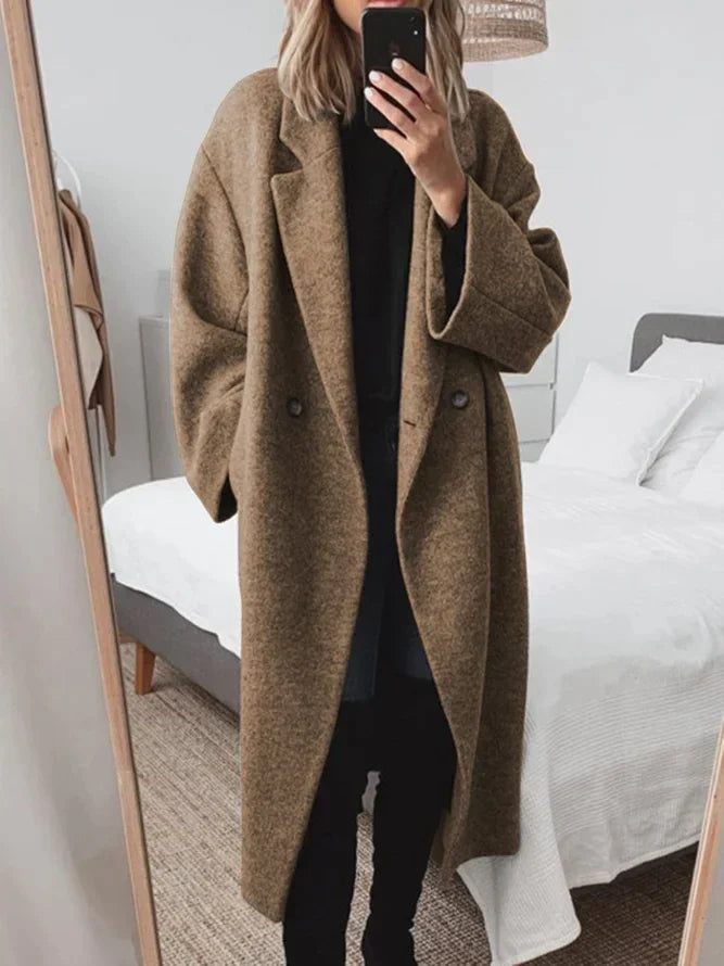 Brown Women's Oversized Wool Coat with Notched Collar & Patch Pockets