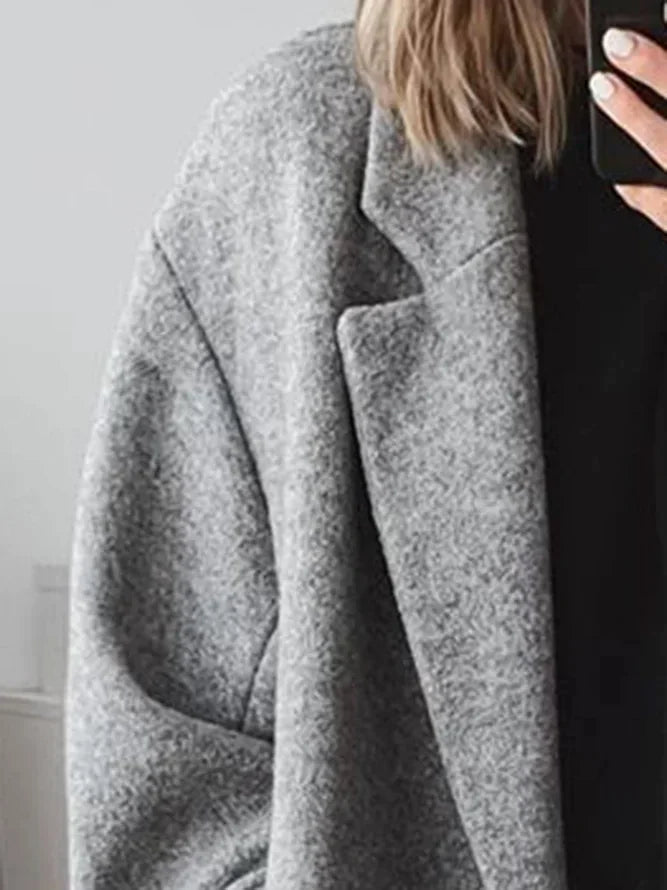 Women's Oversized Wool Coat with Notched Collar & Patch Pockets - Collar Detail