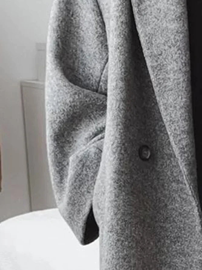 Women's Oversized Wool Coat with Notched Collar & Patch Pockets - Sleeve Pocket Detail