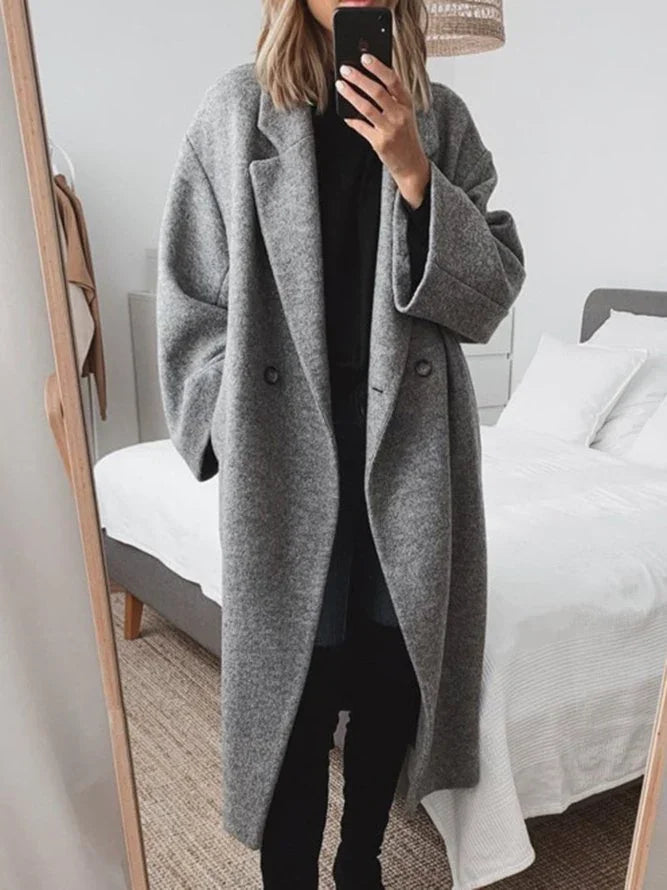 Grey Women's Oversized Wool Coat with Notched Collar & Patch Pockets