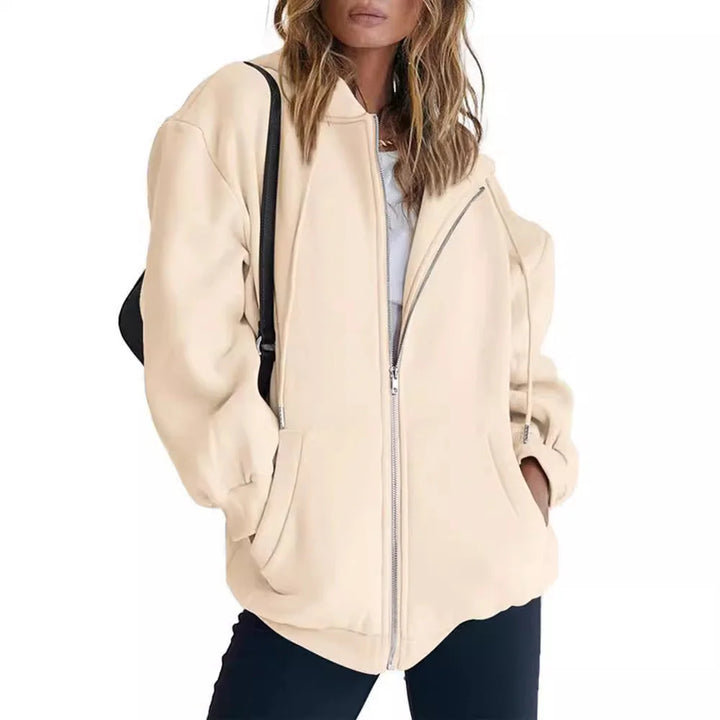 Beige Women's Oversized Zip Hoodie with Kangaroo Pockets & Relaxed Comfort Fit — Florence - Front Bag