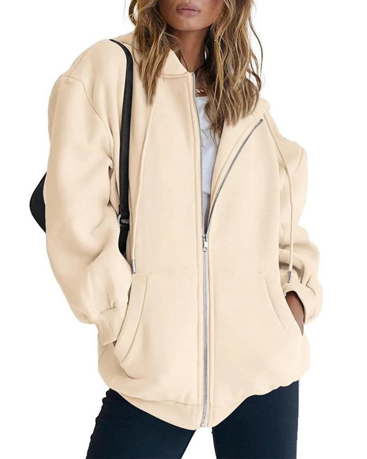 Beige Women's Oversized Zip Hoodie with Kangaroo Pockets & Relaxed Comfort Fit — Florence