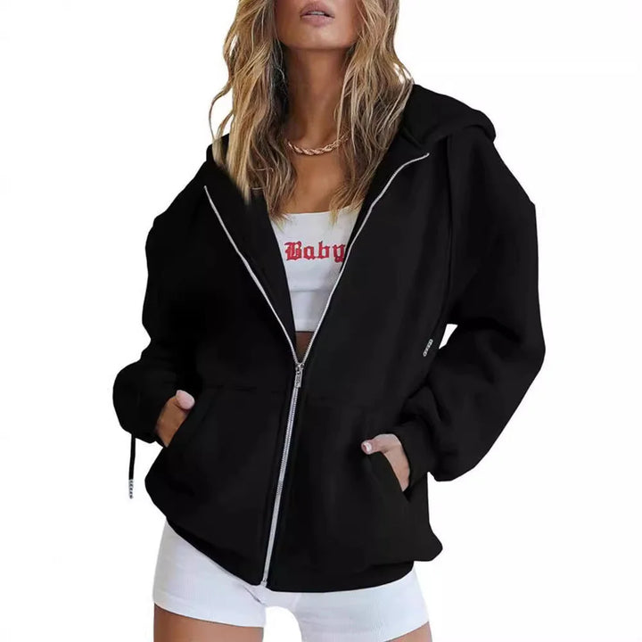 Black Women's Oversized Zip Hoodie with Kangaroo Pockets & Relaxed Comfort Fit — Florence - Front Zip
