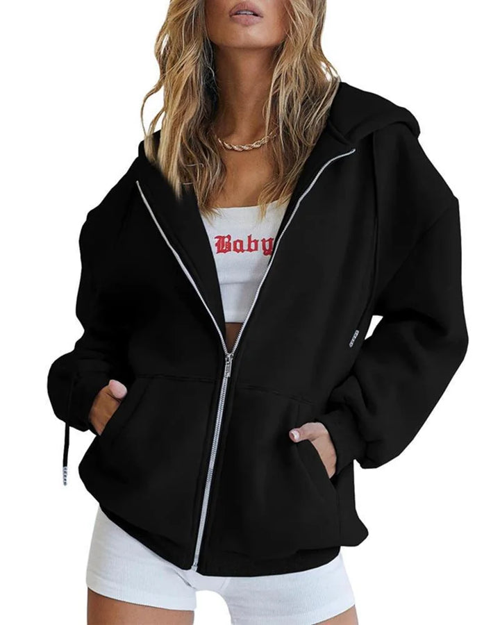 Black Women's Oversized Zip Hoodie with Kangaroo Pockets & Relaxed Comfort Fit — Florence