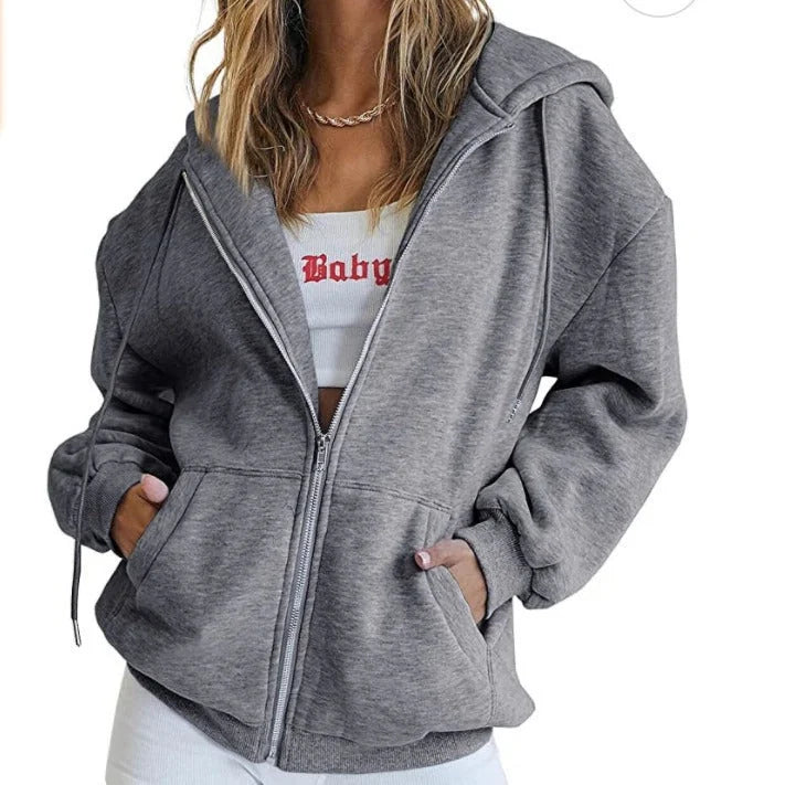 Dark Gray Women's Oversized Zip Hoodie with Kangaroo Pockets & Relaxed Comfort Fit - Front Close