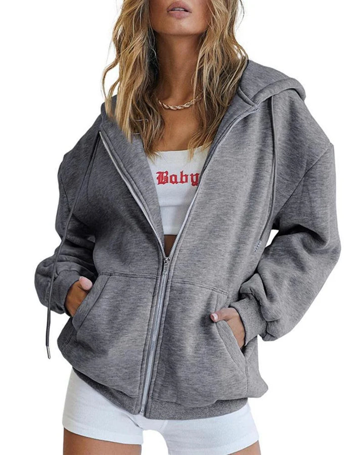 Dark Gray Women's Oversized Zip Hoodie with Kangaroo Pockets & Relaxed Comfort Fit — Florence - Front Medium