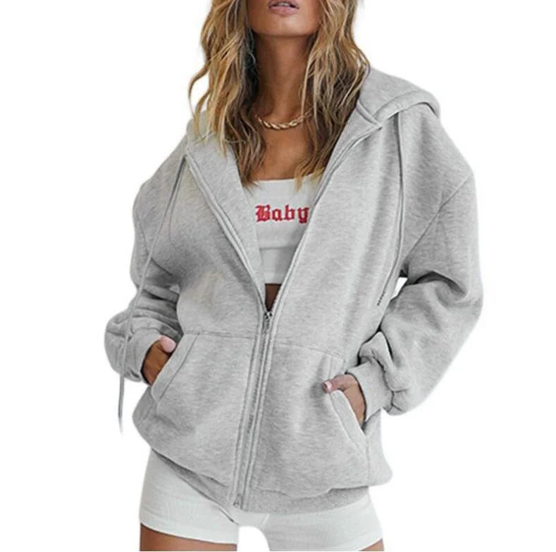 Light Gray Women's Oversized Zip Hoodie with Kangaroo Pockets & Relaxed Comfort Fit — Florence - Front Alt