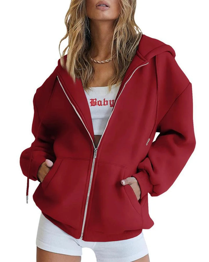 Red Women's Oversized Zip Hoodie with Kangaroo Pockets & Relaxed Comfort Fit — Florence