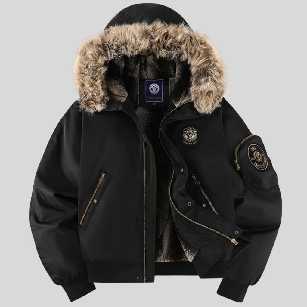 Black Women's Padded Bomber Jacket with Faux-Fur Hood & Relaxed Fit