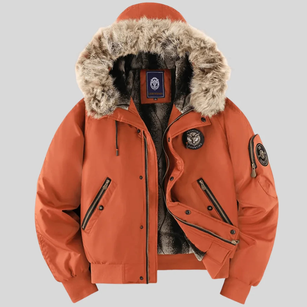 Orange Women's Padded Bomber Jacket with Faux-Fur Hood & Relaxed Fit